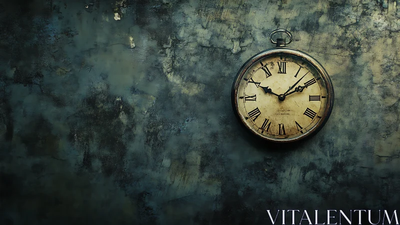 Vintage pocket watch on worn textured wall background.