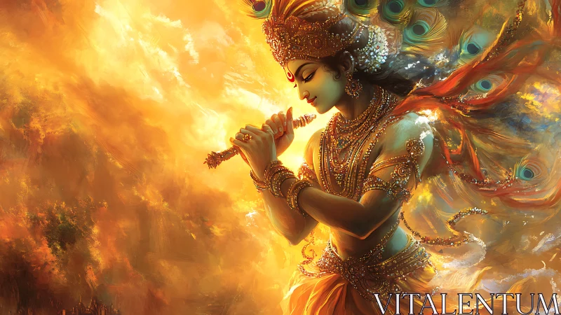 Divine flute player in luminous golden celestial vortex