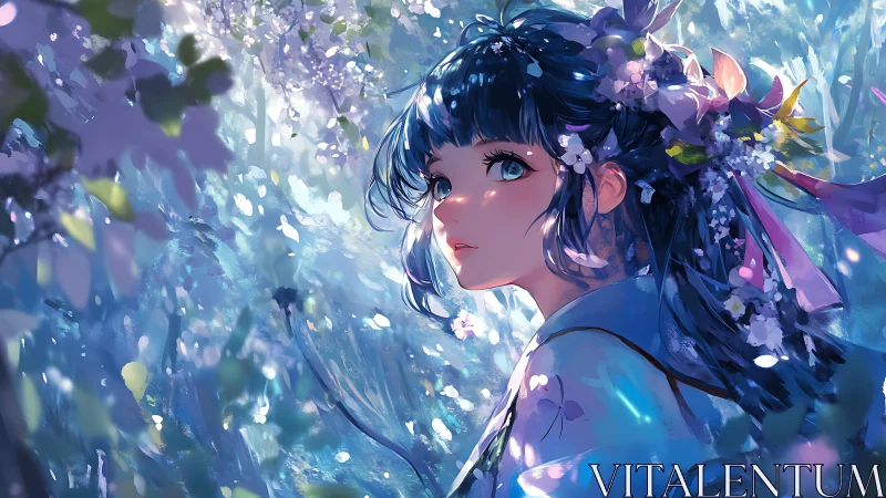 Girl with blue hair stands in glowing forest clearing