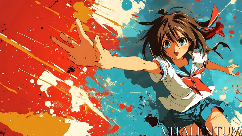 Anime schoolgirl reaching forward over bold paint splashes.