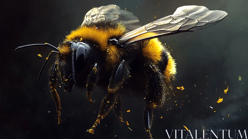 Hyper-detailed 3D render shows a flying bee in midair