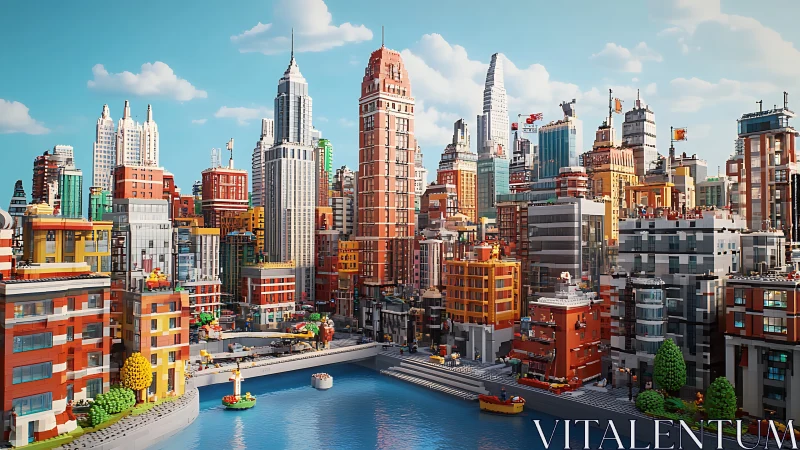 Colorful block city skyline overlooks calm waterfront canal