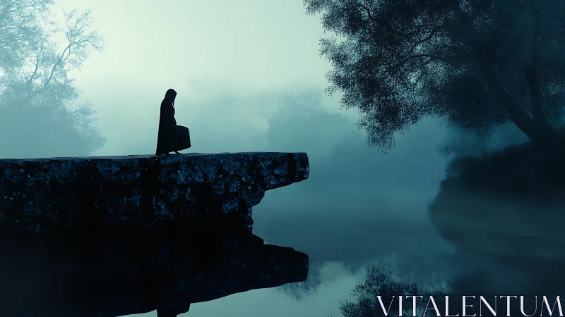 Minimalist cloaked figure on misty riverside ledge silhouette.