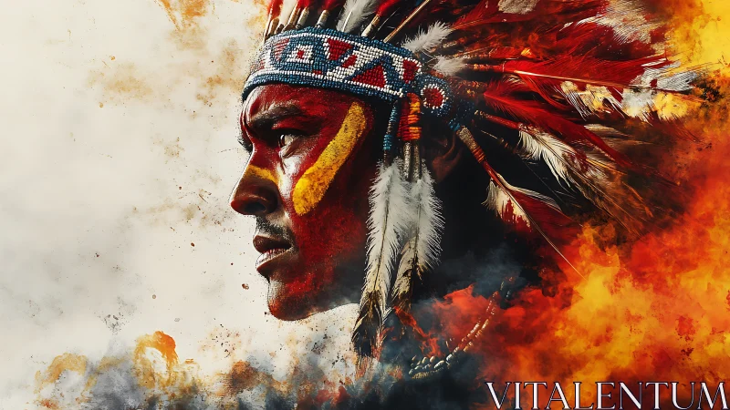 Profile portrait of man in feathered headdress amid smoke