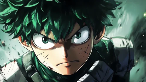 Green-haired anime character in close frontal combat pose.