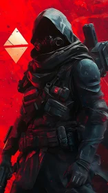 Hooded sci‑fi operative stands against searing red void.