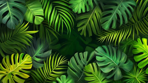 Lush layered tropical leaves in dense green jungle pattern.