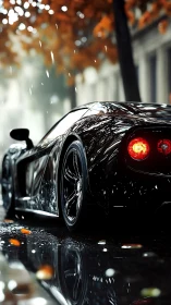 Sleek black supercar glowing softly on a rainy city street.