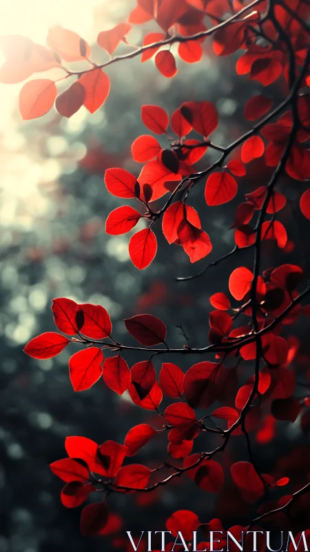 Scarlet leaves on branch against soft glowing bokeh background.