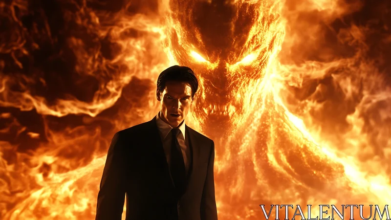 Unfolding fire demon towers behind a calm suited figure