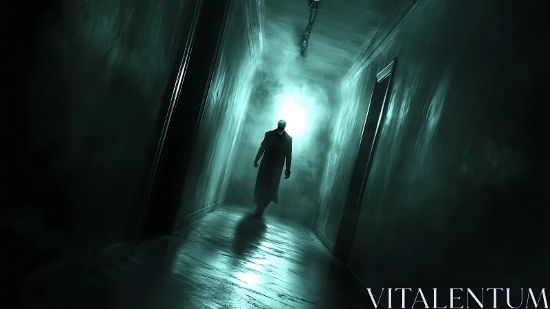 Dark figure walking down eerie green foggy hallway.