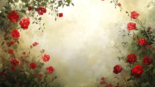 Crimson Blooms Waltz Through Vintage Mist.