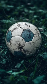 Weathered soccer ball resting gently in quiet green grass.