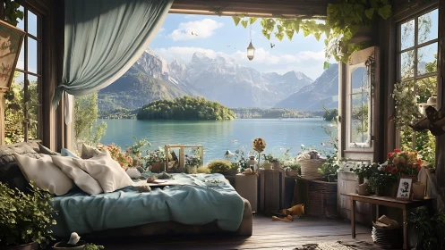 Lakefront bedroom interior with plants and mountain view.