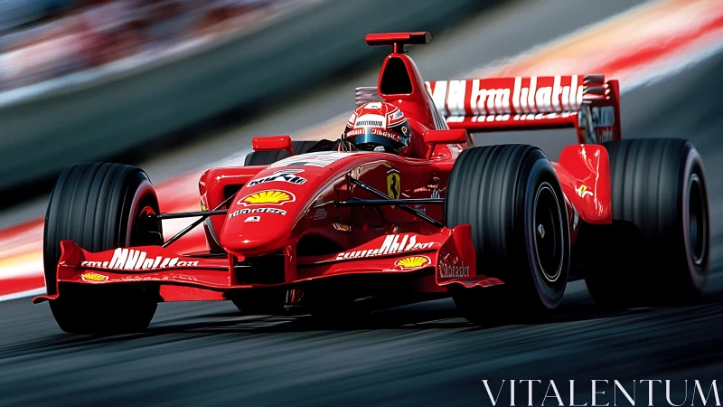 Red Formula One race car at speed on a racetrack.