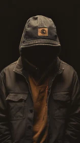 Hooded figure in dark jacket against black background.