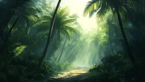 Tropical Rainforest Canopy with Crepuscular Light Beams.