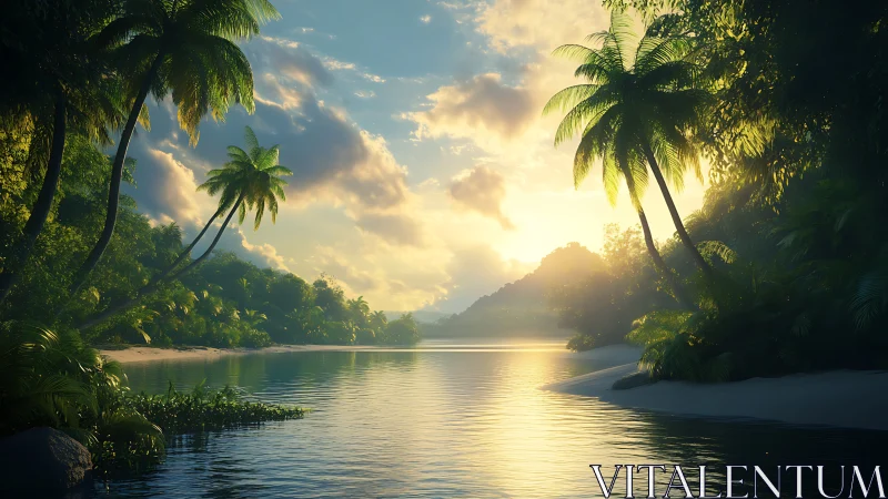 Tropical Lagoon Landscape with Golden Hour Atmospheric Rendering and Palm Tree Silhouettes