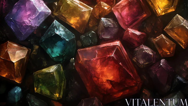 Glowing gemstone polyhedra tumble through painted twilight