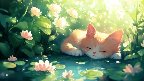 Orange Feline Resting Among Lotus Flowers With Volumetric Light
