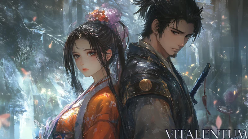 Samurai couple stand back to back in misty forest light