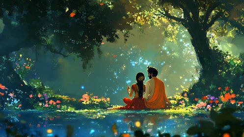 Enchanted lovers rest beside a glowing forest pool at dusk.