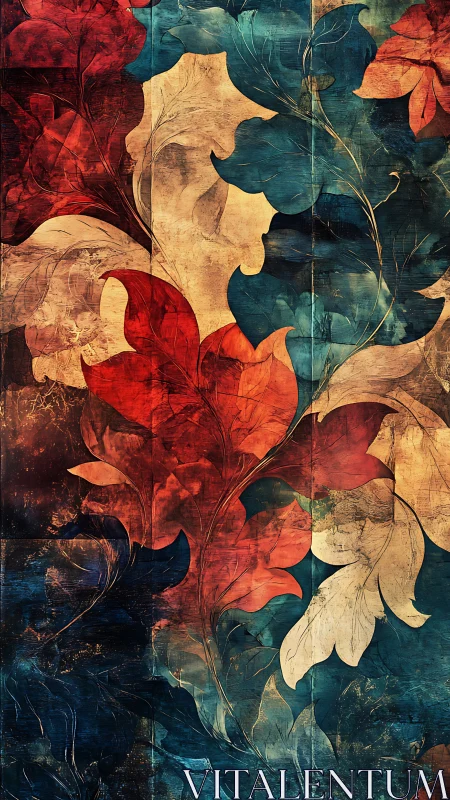 Textured autumn foliage flowing through teal shadows.