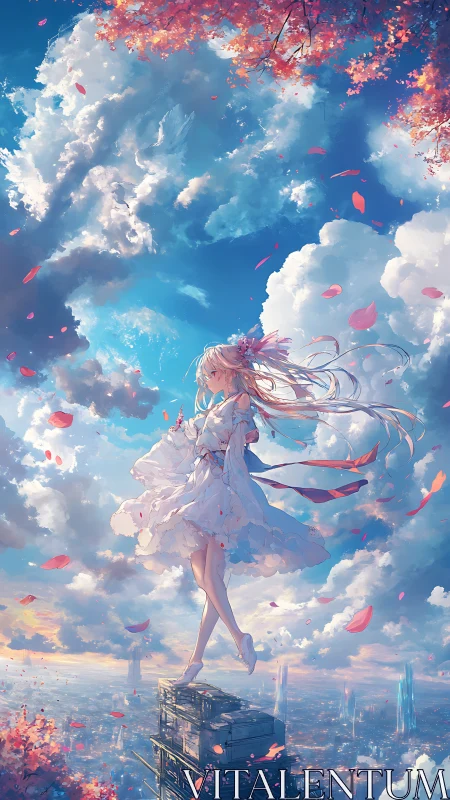 Skybound girl drifts above a luminous city at sunset