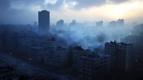 Misty high-rise skyline wrapped in soft blue twilight hush.