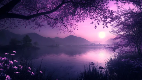 Purple sunset over calm lake framed by flowering trees.