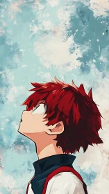 Profile view of red haired anime boy against cloudy sky.