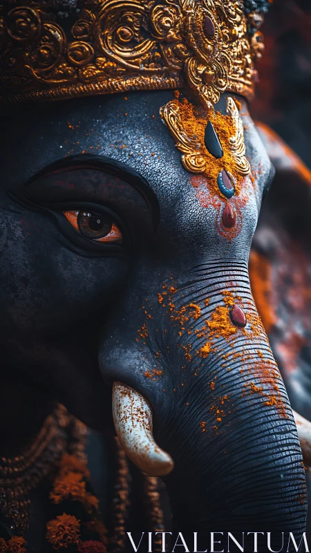 Sacred elephant statue glows with rich gold and saffron hues
