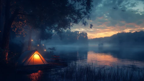 Lakeside camping tent glows beside misty dawn water.
