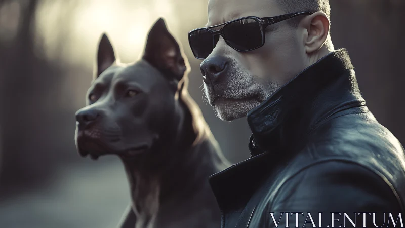 Canine-headed man in leather jacket with vigilant dog companion.