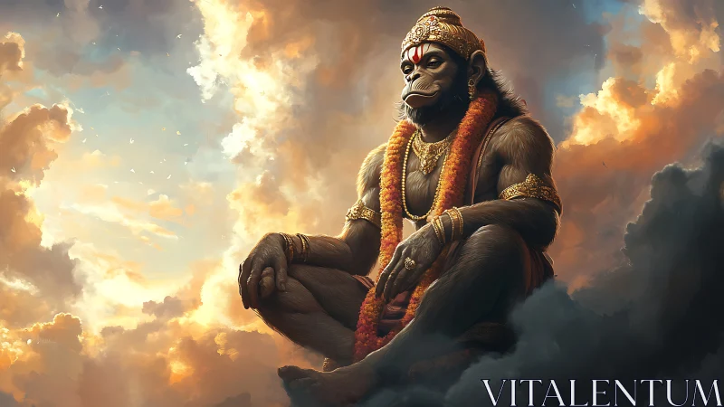 Divine simian deity in meditative asana amid volumetric clouds