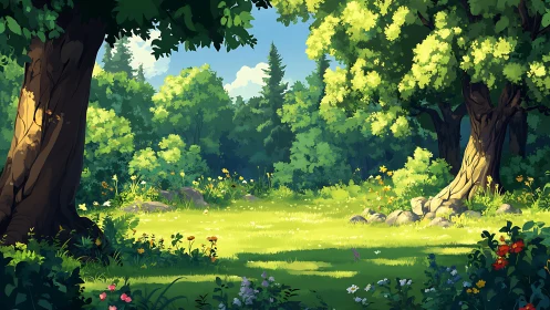 Forest clearing with mature trees and flowering undergrowth vegetation