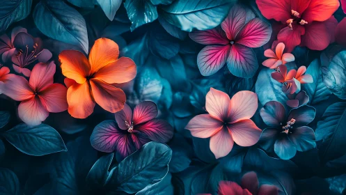 Neon Bloom Symphony: Florals Ablaze in Deep Teal Twilight.