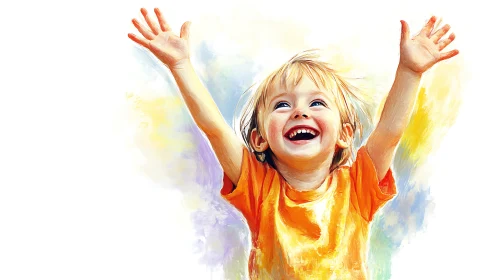 Joyful young child rendered with expressive watercolor and oil painting techniques displaying uninhi