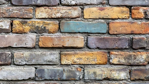 Weathered multicolored brick wall with rustic texture, urban style.