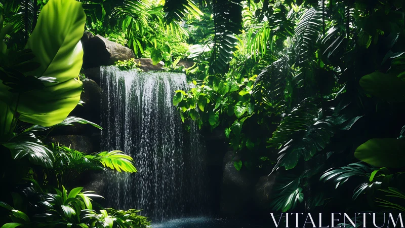 Dense tropical waterfall framed by lush backlit jungle canopy