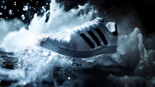 Sport sneaker bursts through dramatic water splash lighting.