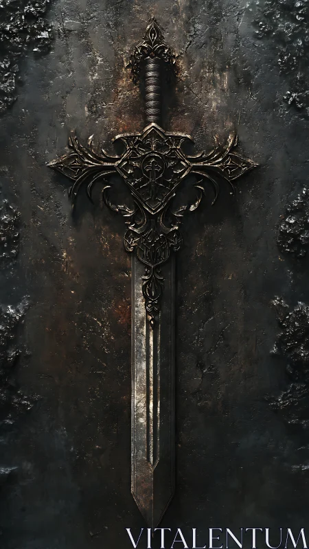 Ornate dark fantasy sword mounted on textured wall.