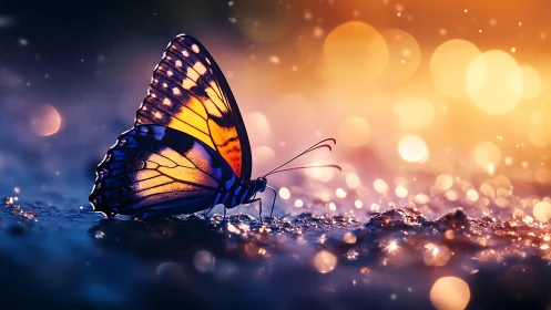 Glowing butterfly at dusk amid bokeh-lit dewy ground.