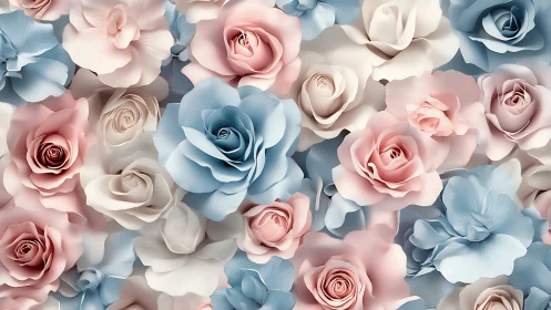Soft pastel roses bloom in layered romantic abundance.