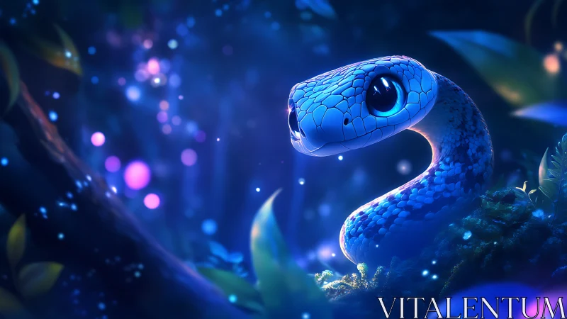 Bioluminescent blue snake glows in dreamy forest night