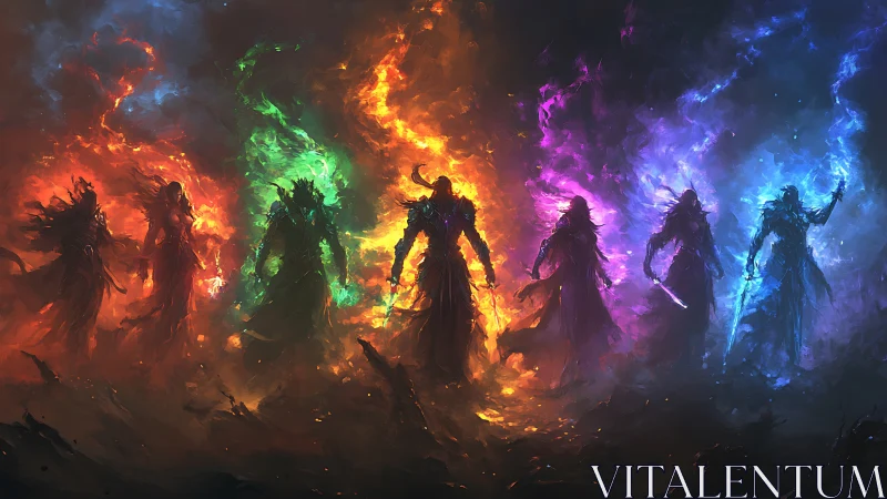 Elemental spectral warriors aligned in chromatic flames.