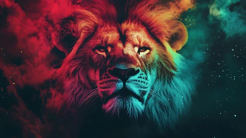 Radiant cosmic lion gazes calmly through swirling colors