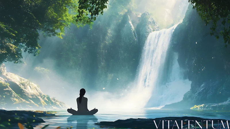 Tranquil meditation by waterfall in lush forest, digital art style.