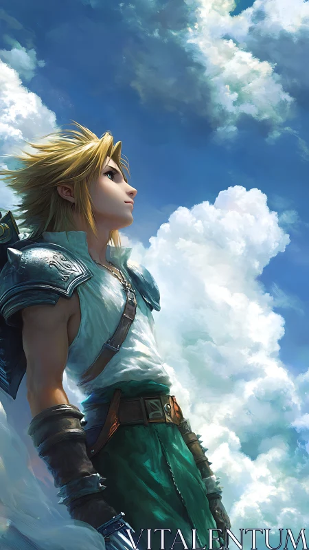 Blond warrior gazes skyward beneath towering clouds
