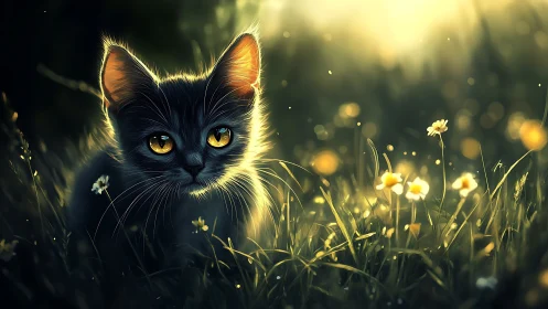 Black Cat Golden Eyes Illuminated Meadow.